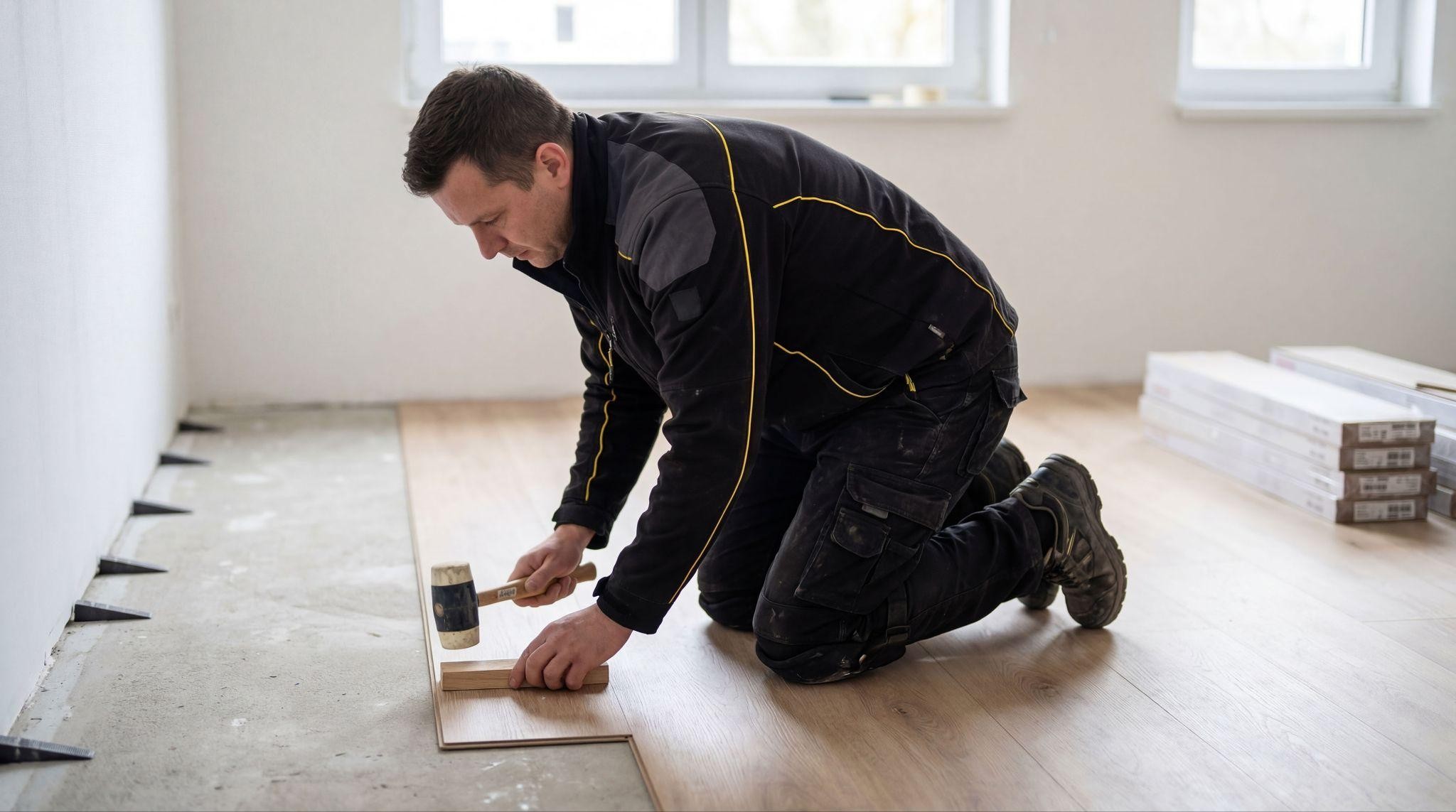 Contractor installing new flooring in a home renovation project