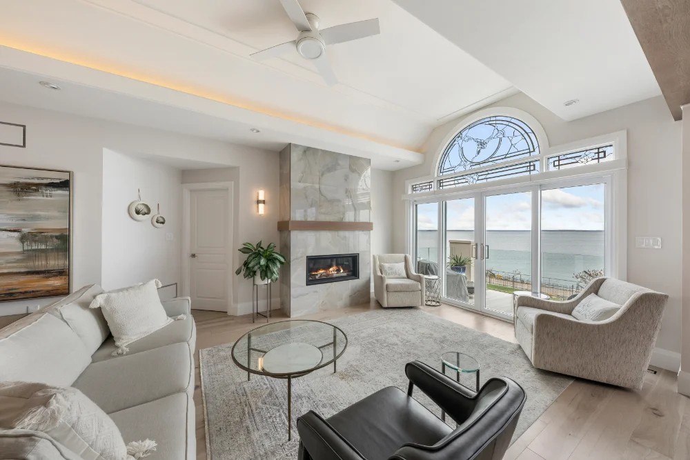 Renovated main floor living room of a lakefront home